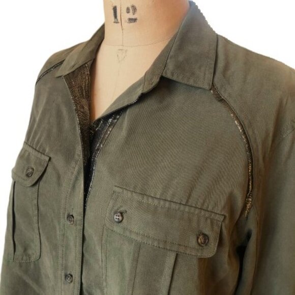 Free People Off Campus Shirt Moss Olive Metallic, utility boho army button down - Picture 7 of 16